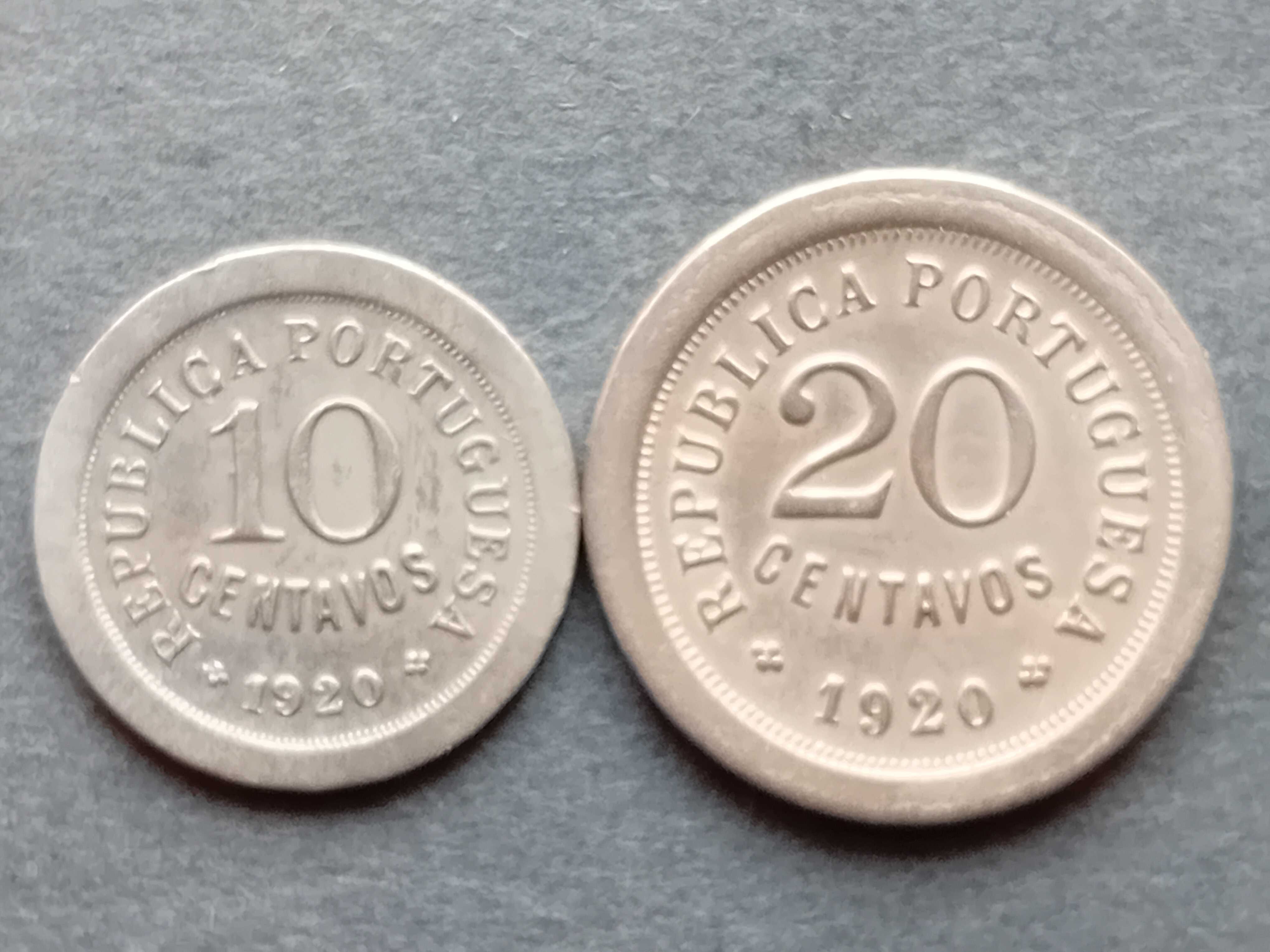 2 moedas de $10 e $20 centavos de 1920 bem conservadas raras