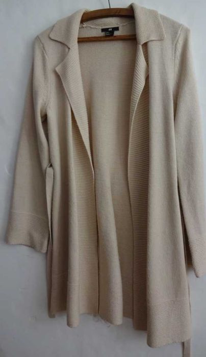 Kardigan Jasny Beżowy Długi, Ciepły, Kołnierz, Prosty Wzór, Praktyczny