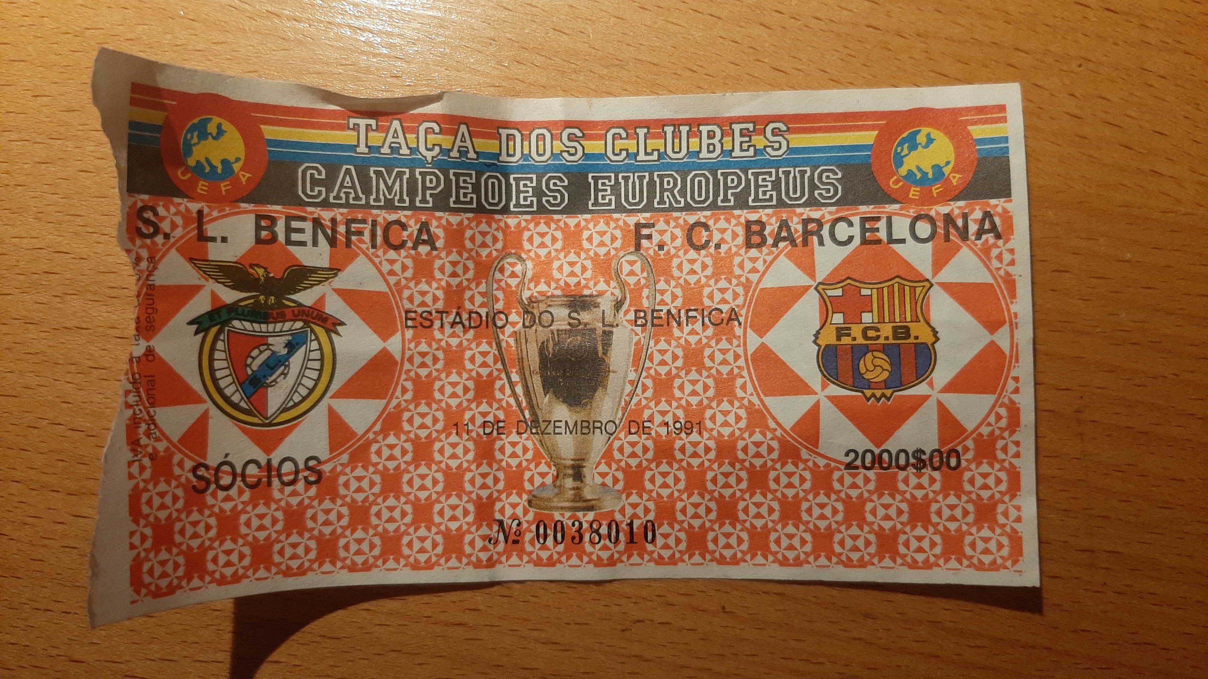 Bilhete Benfica-Barcelona 1991 antigo