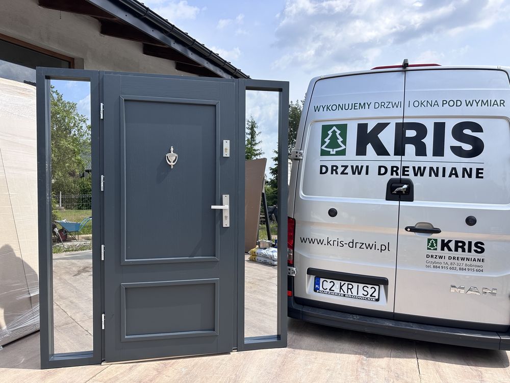 Drzwi drewniane wejściowe OD RĘKI Z doświetlami 180x208 cała Polska