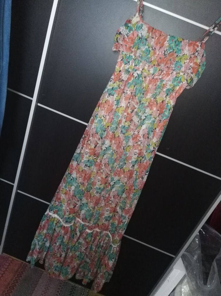 Vestido maxi de alças estampado colorido flores tamanho XS