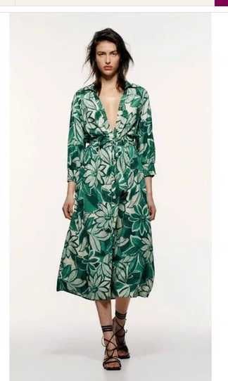 Vestido midi floral com cinto verde/branco da Zara T: M
