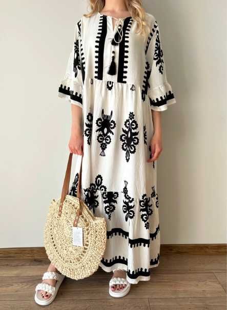 Sukienka długa maxi czarna biała boho lniana bawełna oversize XL