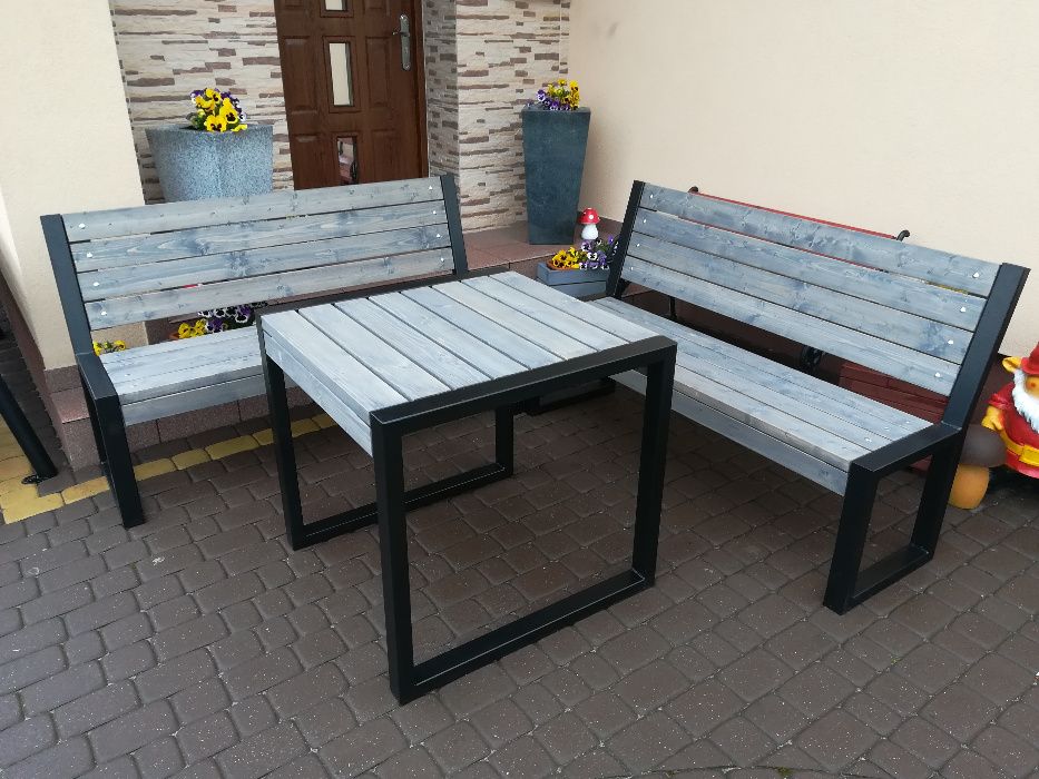 Meble ogrodowe nowoczesne LOFT stół 2 ławki drewniane metalowe profil