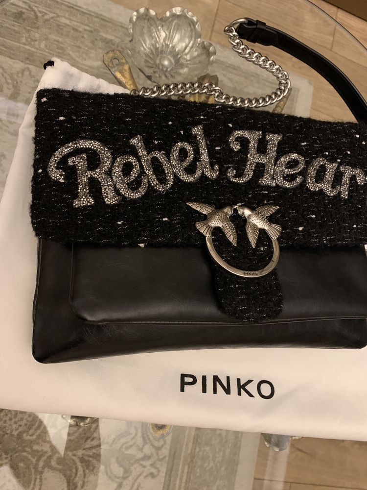 Pinko torebka Big Love Rebel Heart tweed skórzana z łańcuchem