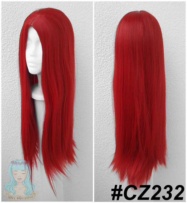 Długa czerwona prosta bez grzywki z przedziałkiem peruka cosplay wig