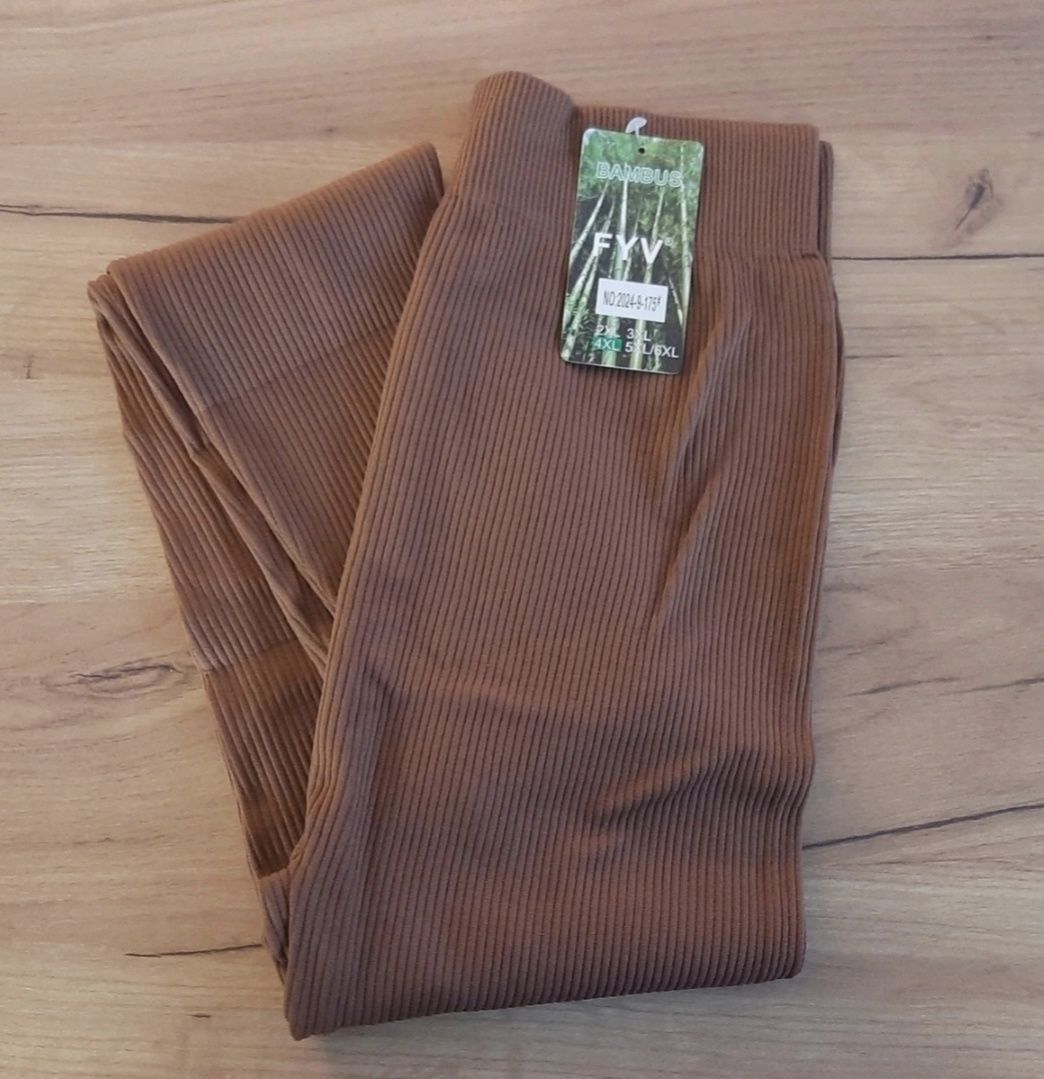 Nowe Leginsy 4XL 48  brązowe prążki karmelowe karmel prążkowane bambus