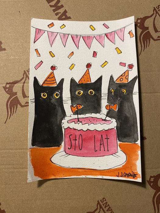 Kartka okolicznościowa urodzinowa urodziny koty kot tort party prezenf