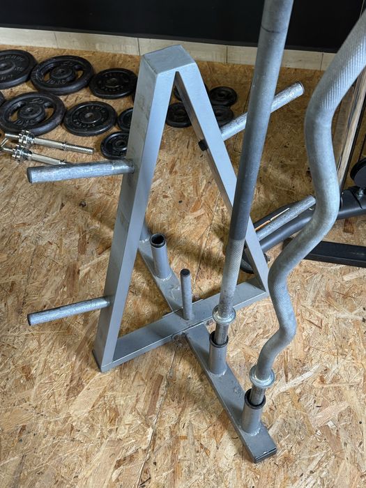 obciążenie żeliwne 76kg, sztanga łamana, stojak na ciężary