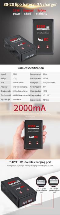 Carregador balanceador RC Li-po Li-ion HotRC E350 2S 3S 25W
