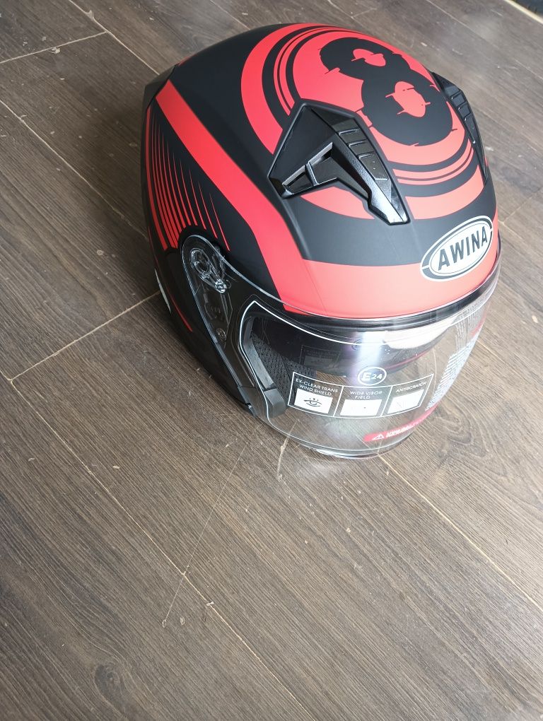 Nowy kask otwarty czerwono czarny mat AWINA