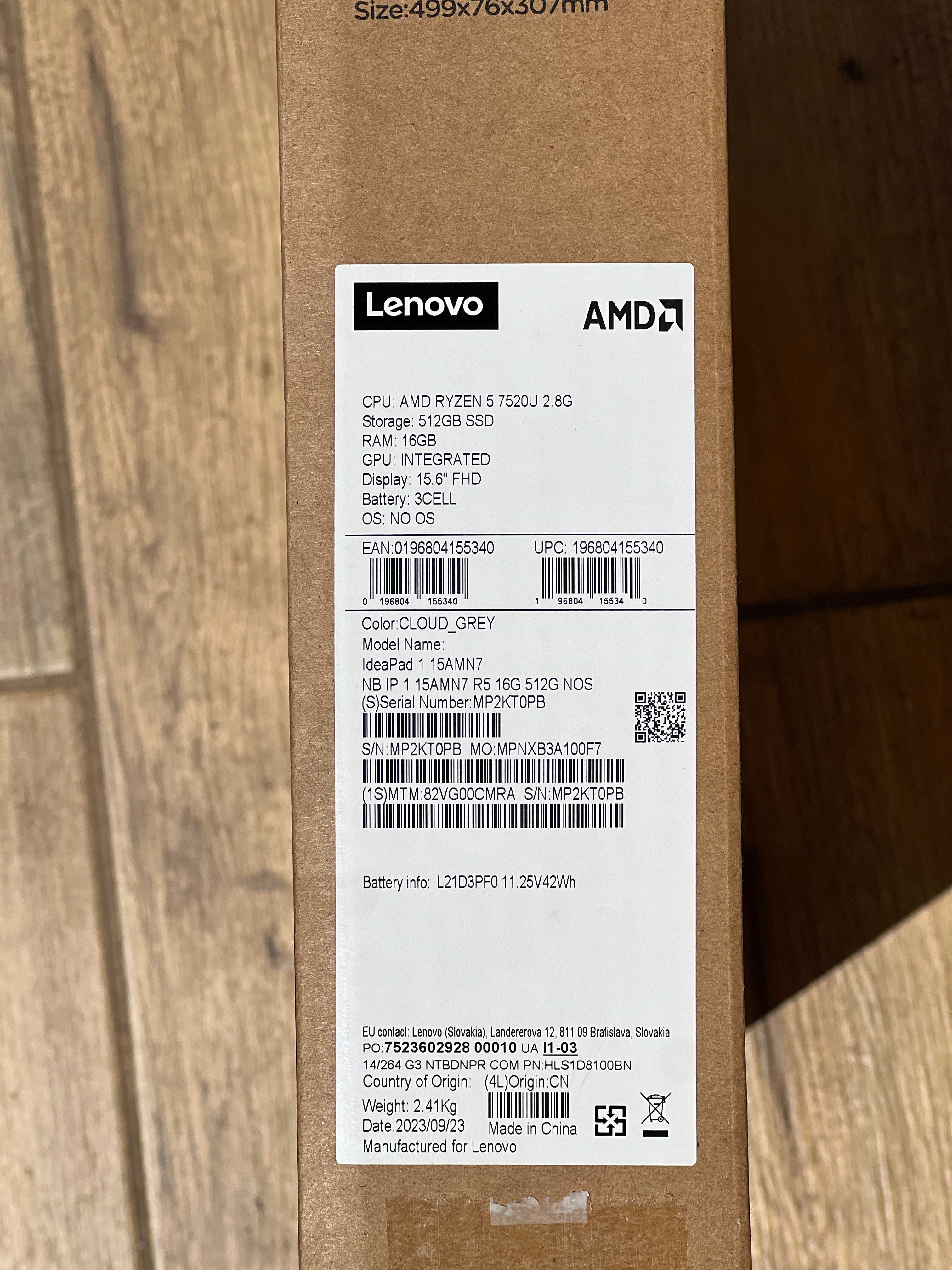 Новий ноутбук Lenovo 1 15AMN7  (82VG00CMRA) Cloud Grey ( 2023 рік)