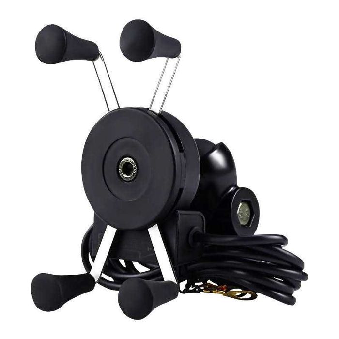 Suporte telemóvel USB garras 4 pontos fixação espelho cafe racer