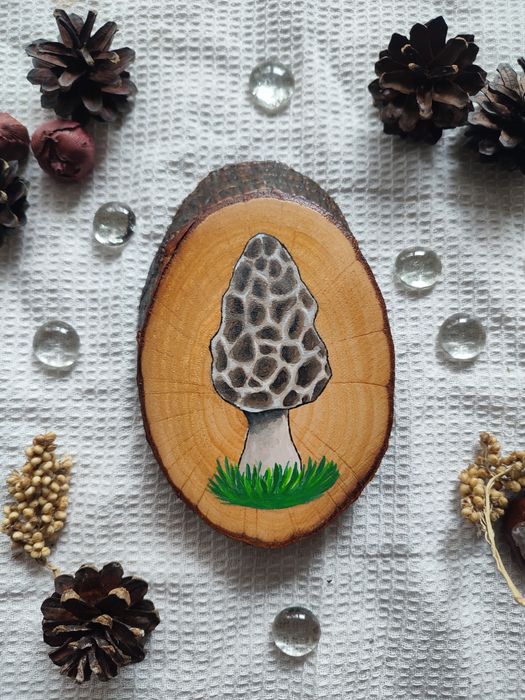Ozdobne malowane drewienko, grzyb, smardz, rękodzieło, malunek