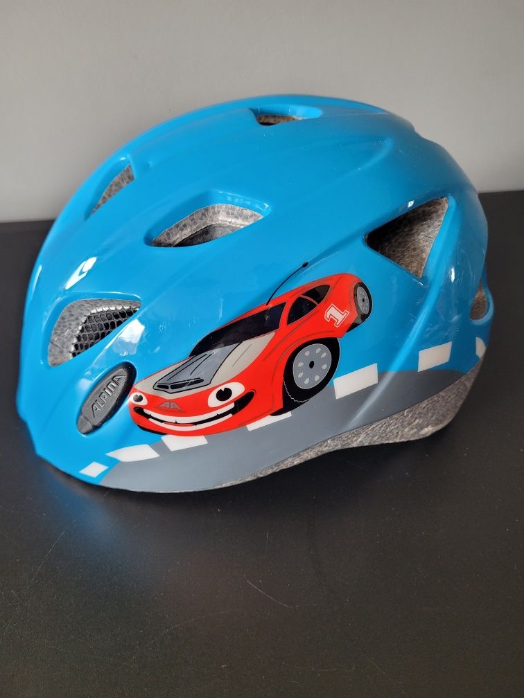 Kask rowerowy Alpina dla chłopca niebieski auto r.XS 49-54cm + gratis