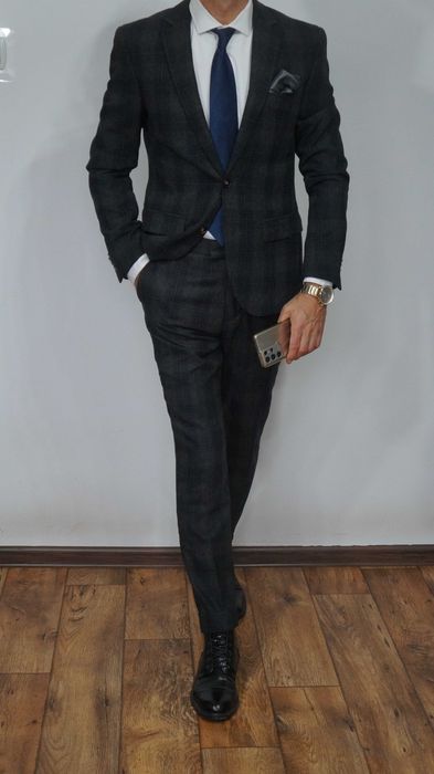 Garnitur H&M Wełna Rozmiar 46 170/92/80 Slim Fit Kolor Szary Krata