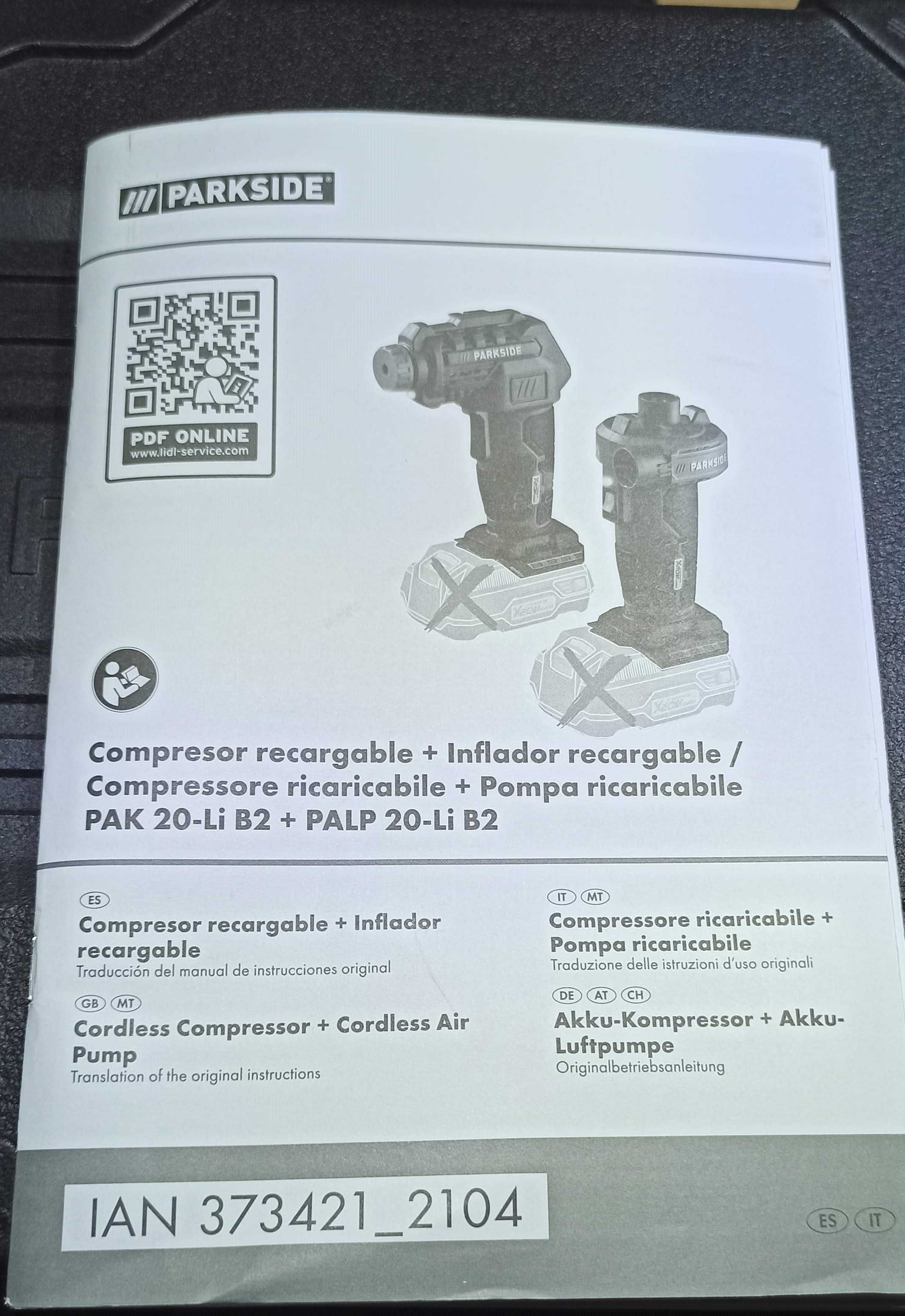 Compressor e Bomba de ar Portátil Parkside PAK 20-liB2 / PALP 20-liB2