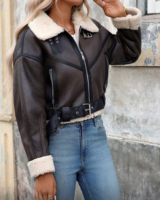 Жіноча укорочена дублянка шоколад