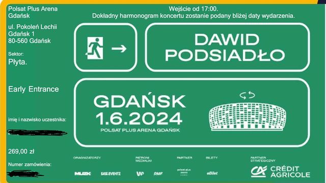 Podsiadło Gdańsk 1.06-5 biletów płyta
