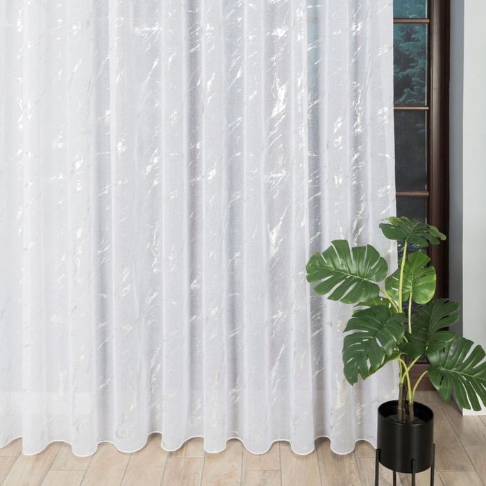 Firana gotowa marmur firanka z etaminy 275x300cm biała srebrny nadruk