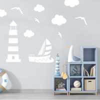 Naklejki ścienne na ścianę dla dzieci, latarnia morska, statek, chmury