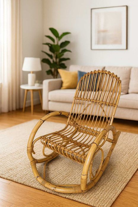 Fotel bujany rattanowy – vintage, ręcznie pleciony, solidny