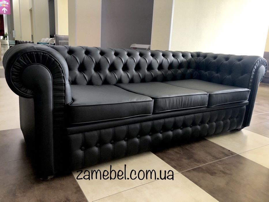 Классический диван Честер 3ка, экокожа, белый, черный