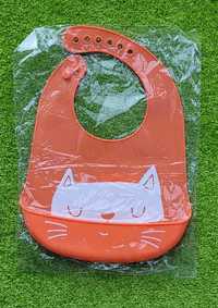 Silikonowy śliniak z kieszonką kot pomarańczowy