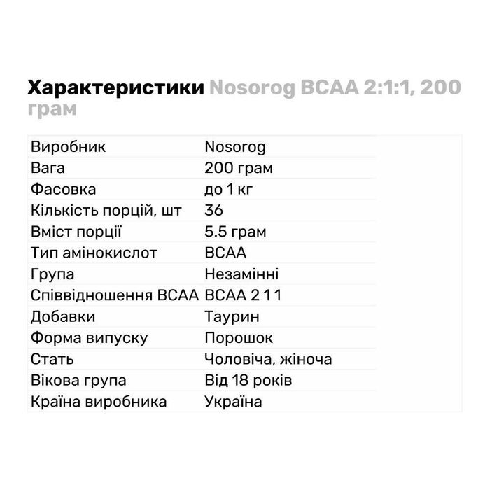 Амінокислота BCAA Nosorog BCAA , 200 грам