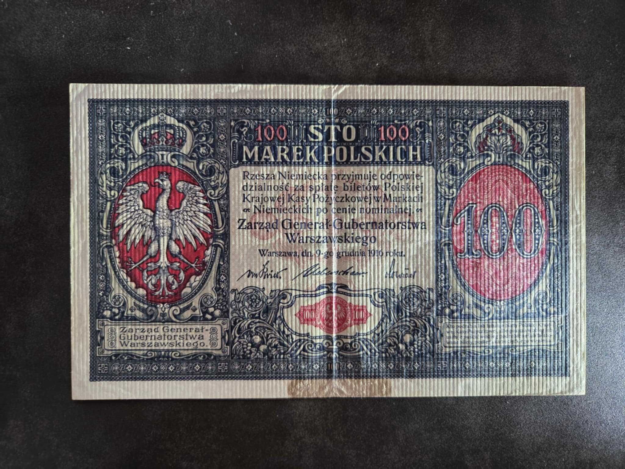 100 marek 1916 A Generał piękny 100 marek polskich 1916 ser A prążki