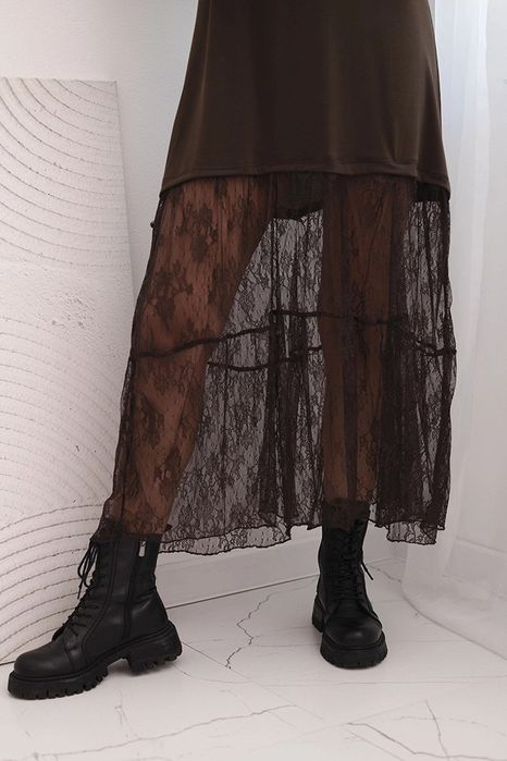 Sukienka brązowa z tiulowym dołem i rękawami – włoska, elegancka