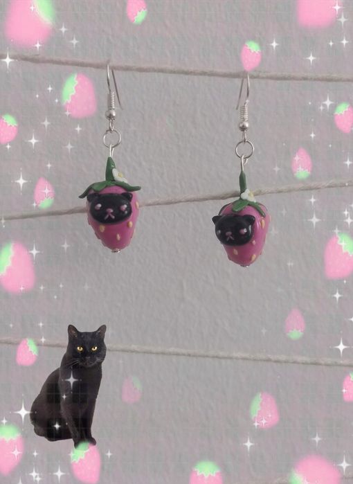 kolczyki kotek truskawka handmadd