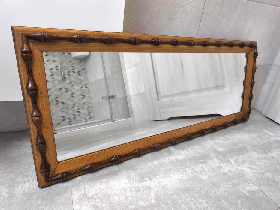 Lustro vintage retro PRL, drewniana rama, wymiar 110,5 x 44 cm