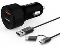 Ivoler Ładowarka samochodowa 2xUSB QC 3.0 KABLE iPhone USB-C MicroUSB