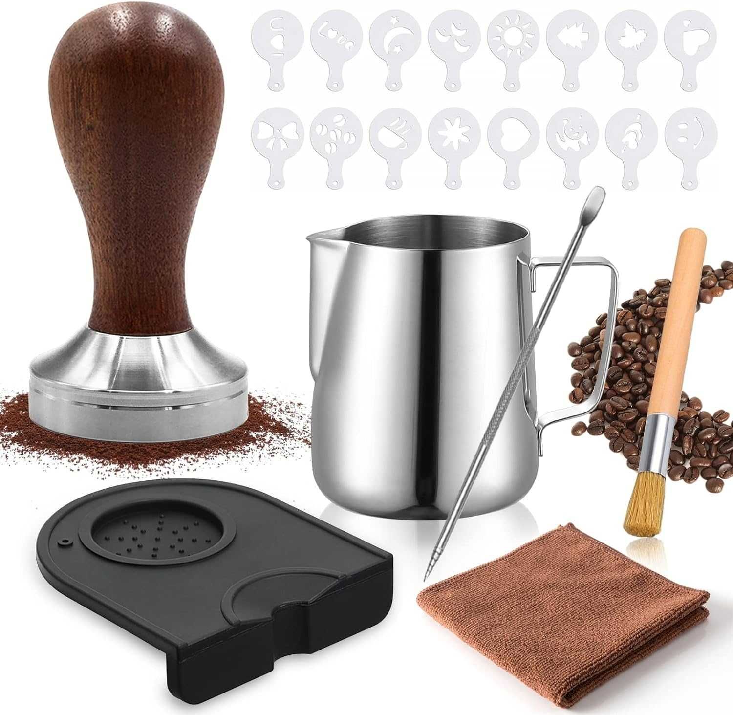 ZESTAW BARISTY tamper 51mm mata dzbanek do spieniania mleka 22 element