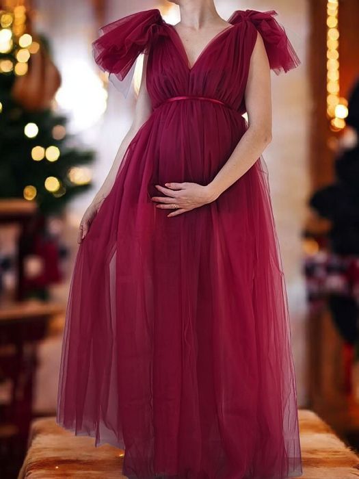 Długa bordowa suknia sesyjna, sukienka ciążowa, imprezowa