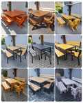 Stół drewniany metalowy loft meble ogrodowe 2 ławki 2 fotele kpl