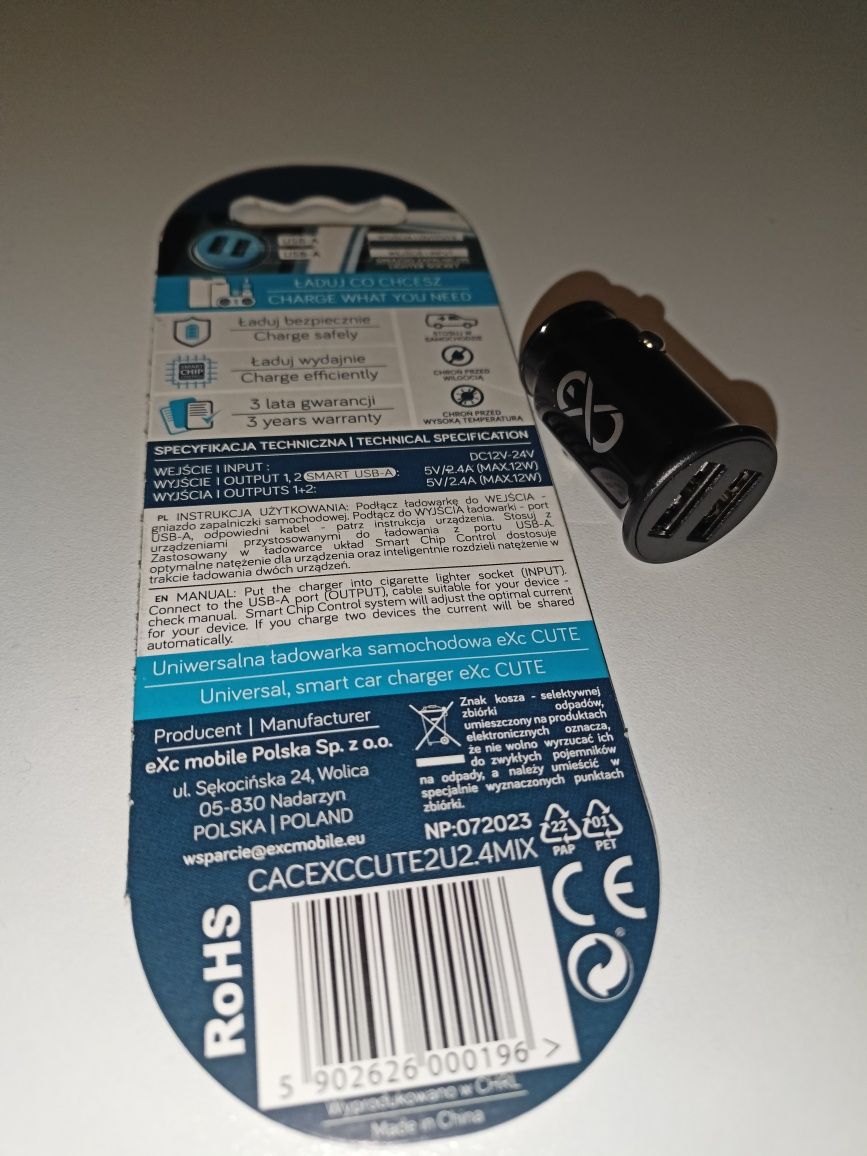Ładowarka samochodowa USB 12W.