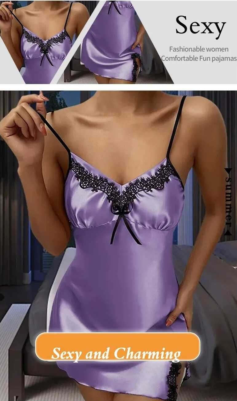 Damska piżama miękka satyna Deep V seksowna koszula fiolet rozmiar L