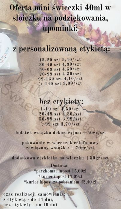 Świeczki sojowe upominki podziękowania dla gości ślub wesele komunia