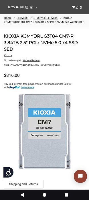 SSD KIOXIA KCMYDRUG3T84 CM7-R 3.84TB 2.5" PCIe NVMe 5.0 x4