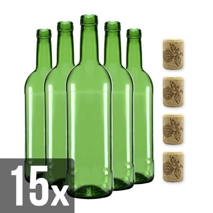15x butelka na wino 750 ml zielona + korki