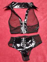 Komplet czarny lateks siatka Allure lingerie