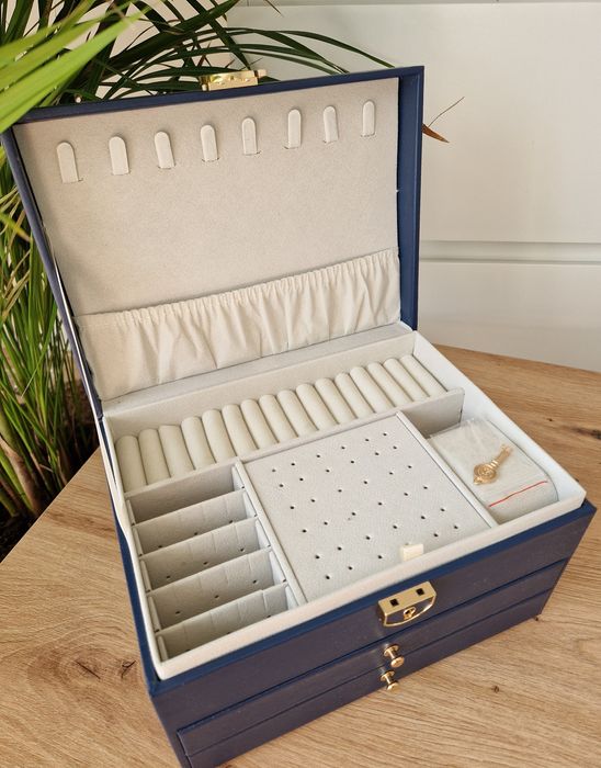 Granatowy luksusowy elegancki kuferek na biżuterię duży