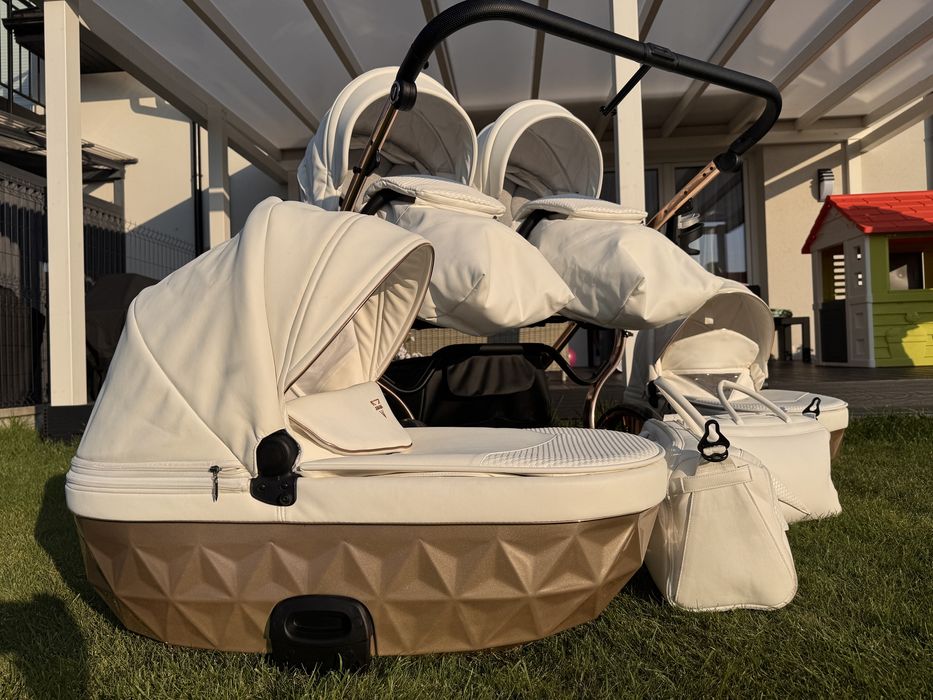 Wózek bliźniaczy Junama Duo Diamond Satin Mirror Rose Gold cały zestaw