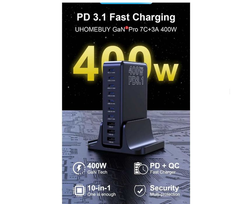 мощное GaN-3 зарядное устройство 400Вт Type-C PD3.1 140W 10-Ports