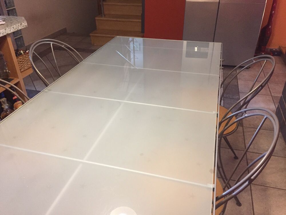 Solidny skandynawski komplet - stół szklany stal 200x85 cm + 8 krzeseł
