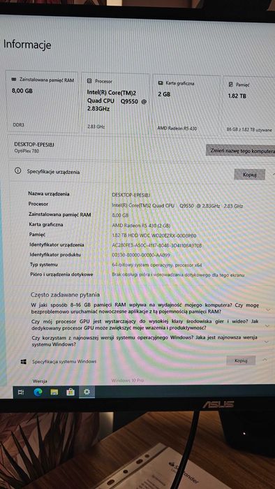 Dell Optiplex 780 SFF C2Q Q9550 8GB RAM AMD Radeon 2GB WiFi  + części