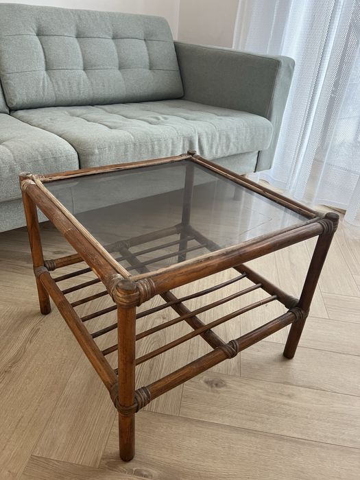 Rattanowy stolik z szybką vintage retro cottage