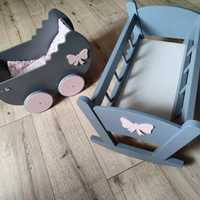 Zestaw drewniany wózek dla lalek i kołyska grafitowy pudrowy róż